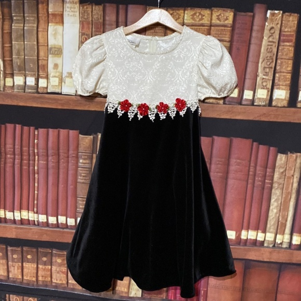 Vintage Bonnie Jean Black White Formal Dress Rosette Velvet Holiday Girls